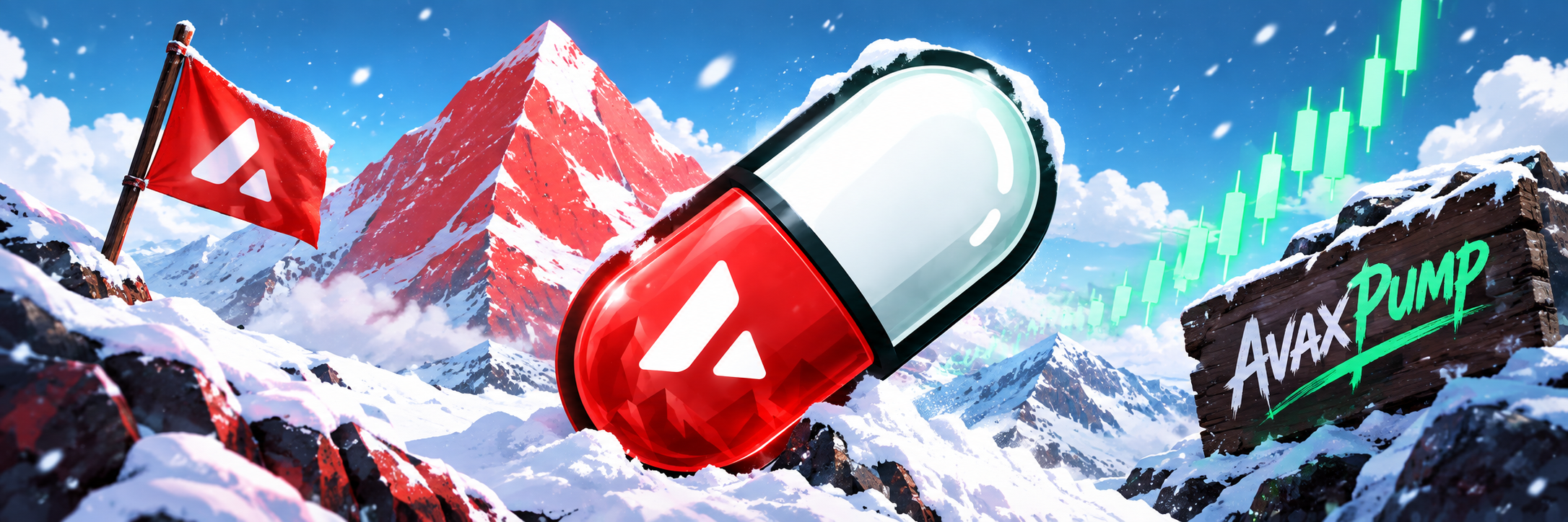 AvaxPump capsule on a snowy red mountain ridge with a green chart rising behind a wooden AvaxPump sign