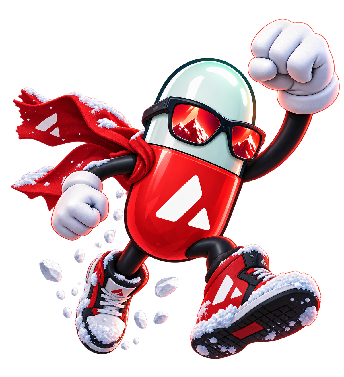 AvaxPump capsule mascot running through snow in a red cape and mountain sunglasses
